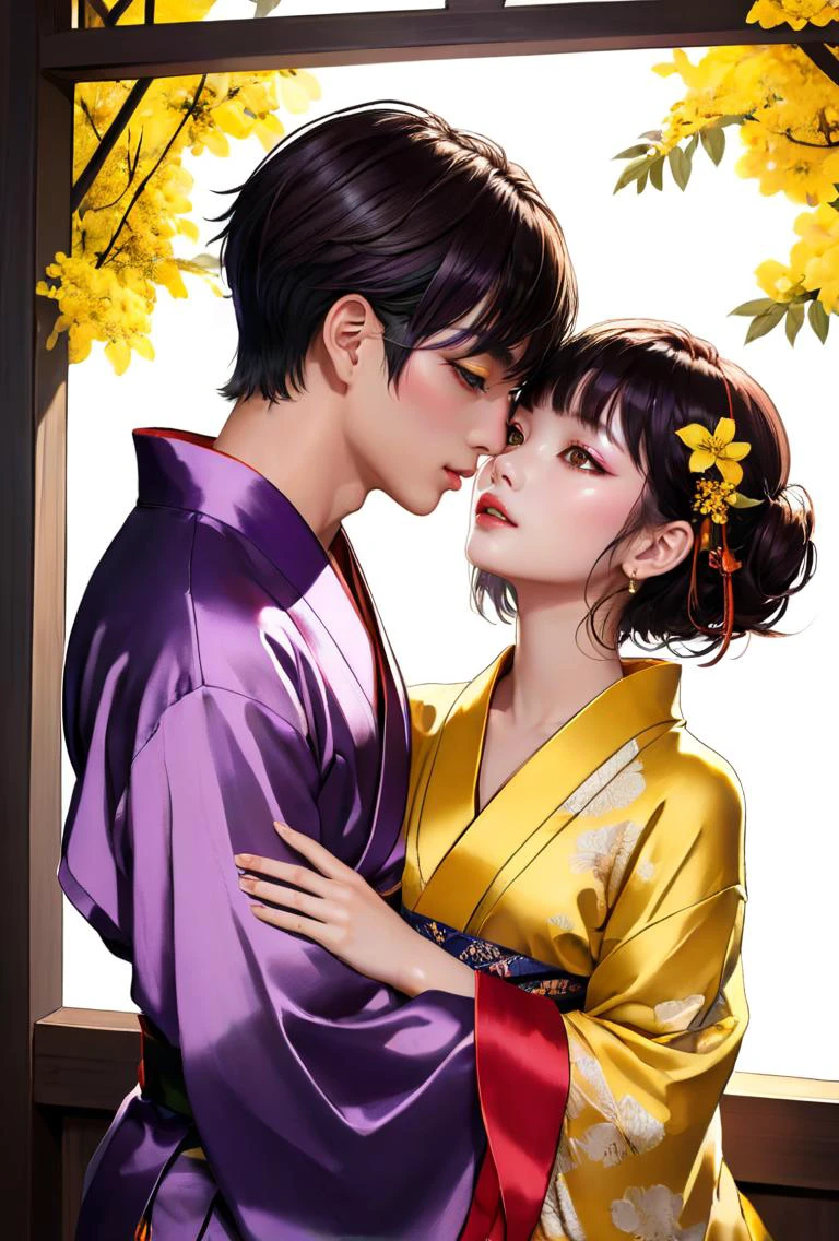 4n1v3rs3,best quality, highly detailed, 1girl,late twenties, east asian, violet asymmetrical haircut hair, chestnut eyes, nervousness face, chiseled body, Size D breasts, dressed with yellow silk low-cut blouse and summer kimono, legwear garter kissing pose, leaning in for a kiss with a passionate expression, conveying intimacy and desire, , <lora:add_detail:0.8>