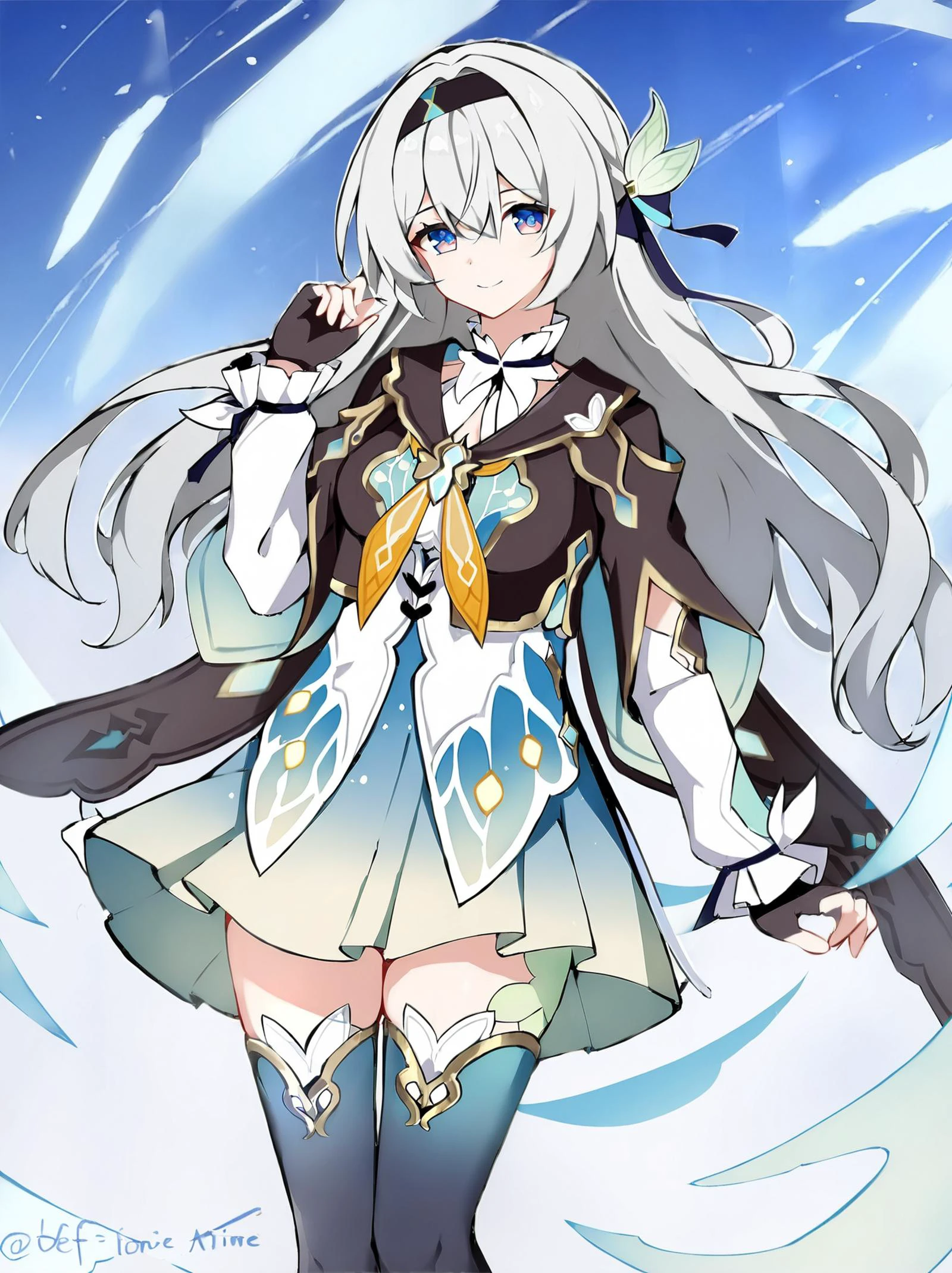 best quality, masterpiece, source_anime,
<lora:LKtrainre-A3-Tanger-000010:0.8>, Firefly /(honkai: star rail/), Firefly's def clothes, def clothe, 1girl, black thighhighs, blue eyes, hairband, long hair, black hairband, fingerless gloves, skirt,
