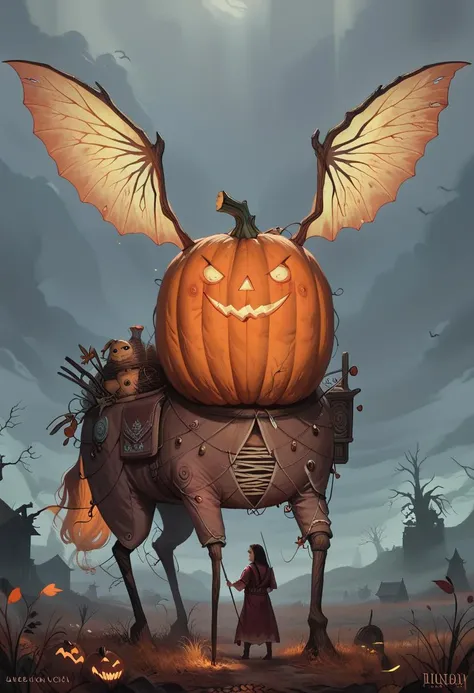 score_9, score_8_up, score_8, ultra detailed, Dark Fantasy Art, Dark Moody Atmosphere, A menacing pumpkin-headed scarecrow looms in a moonlit cornfield, wielding a rusted pitchfork. Eerie orange light flickers within its carved grimace. Tattered robes billow in the autumn wind. Mystical runes glow on its straw-stuffed body, evoking ancient harvest rituals., dramatic, mysterious, dark moody atmosphere, dark, moody, dark fantasy style