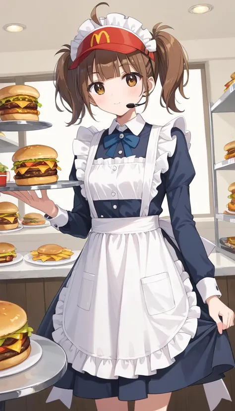 core 9, score 8 up, score 7 up, source anime, high-res image,
cute face, clear skin, shiny hair, ultra detailed eyes,
<lora:wchi_Pony_v1:0.5> wchi, brown hair, twintails, ahoge, visor cap, headset, eyebrows visible through hair, blunt bangs, bandaid,
<lora:classic maid_pony_V1.0:1.0> maid, maid apron, maid headdress, long sleeves,
tray, holding a tray, hamburger on tray,
one hand skirt hold, skirt lift,
in McDonald's store, under counter,
dutch angle, wide shot,
(masterpiece), best quality, extremely detailed, ultra-detailed, nsfw,
official art, extremely detailed CG unity 8k wallpaper, perfect lighting, cinematic lighting,