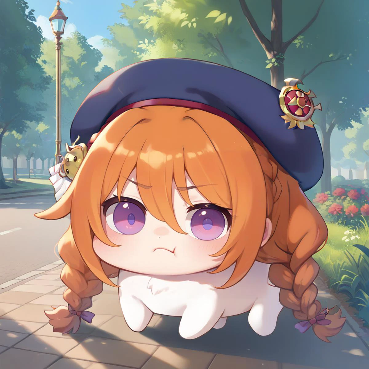 score_9, score_8_up, score_7_up, score_6_up BREAK hires, colorful, intricate details,
doro, creature, :3, chibi,
<lora:yuni-default_PONY_epoch-000020:0.8> ,1girl,yuni-default,yuni \(princess connect!\),purple eyes, orange hair,twin braids,beret,
Park, Meadow,outdoors,
<lora:Doro_X_PDXL_V1:1> <lora:Smooth Anime Style LoRA XL:0.6>
