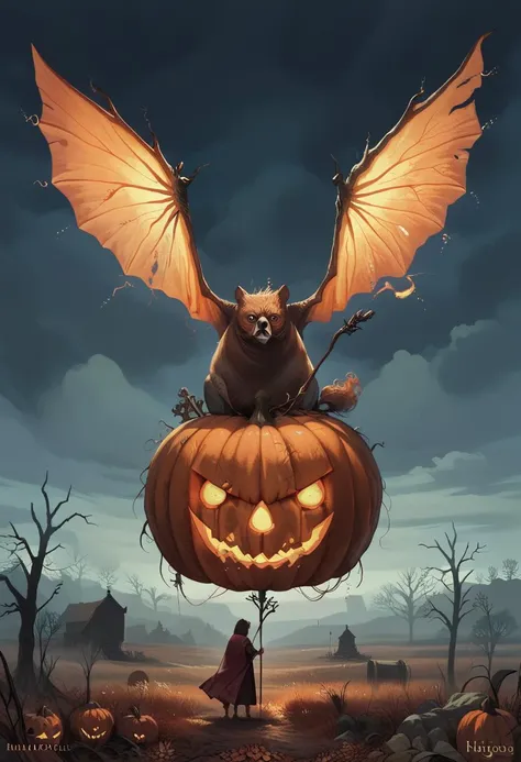 score_9, score_8_up, score_8, ultra detailed, Dark Fantasy Art, Dark Moody Atmosphere, A menacing pumpkin-headed scarecrow looms in a moonlit cornfield, wielding a rusted pitchfork. Eerie orange light flickers within its carved grimace. Tattered robes billow in the autumn wind. Mystical runes glow on its straw-stuffed body, evoking ancient harvest rituals., dramatic, mysterious, dark moody atmosphere, dark, moody, dark fantasy style
