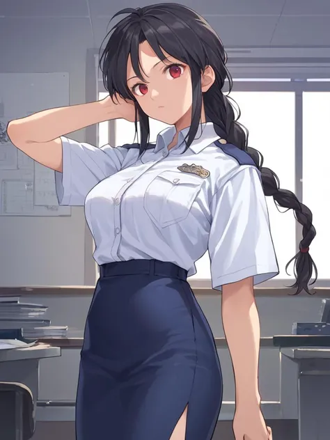 score_9, score_8_up, score_7_up, score_6_up, source anime, pose,
1girls, solo, policewoman, white shirt, pencil skirt, indoors, cell, long hair, black hair, braid, red eyes, police,
<lora:Under_Arrest:0.75>