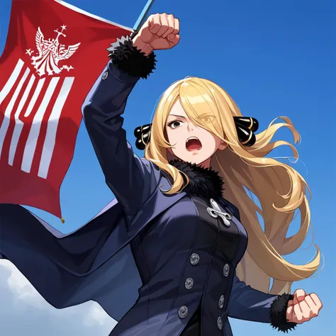 score_9, score_8_up, score_7_up, score_6_up, source anime, pose, shiny oild skin, real, Cynthia,
, (solo:1.4), assassinationattempt, arm up, flag, clenched hand, blue sky, open mouth
<lora:assassinationattemptv1:0.75>