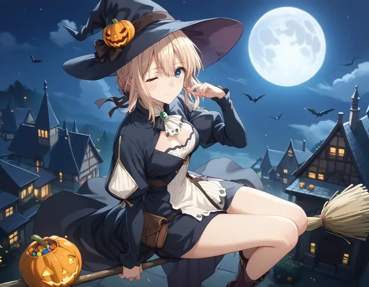 score_9, score_8_up, score_7_up, source_anime, high res image, masterpiece, best quality,
<lora:Violet_Evergarden(PDXL):0.7> violet evergarden, blue eyes, medium breasts, (black robe:1.3), cleavage,
<lora:witch-ponyxl-lora-nochekaiser:1>, witch, hat, witch hat, dress, halloween, halloween costume, jewelry,
night, moon, blush, light smile, one eye closed, looking at viewer, flying, broom riding, sitting on broom, side saddle, Bird's-eye view, (wide shot:1.3), sky,