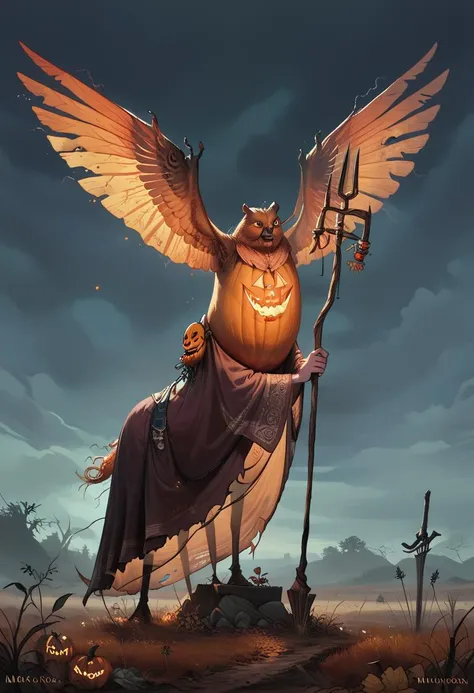 score_9, score_8_up, score_8, ultra detailed, Dark Fantasy Art, Dark Moody Atmosphere, A menacing pumpkin-headed scarecrow looms in a moonlit cornfield, wielding a rusted pitchfork. Eerie orange light flickers within its carved grimace. Tattered robes billow in the autumn wind. Mystical runes glow on its straw-stuffed body, evoking ancient harvest rituals., dramatic, mysterious, dark moody atmosphere, dark, moody, dark fantasy style