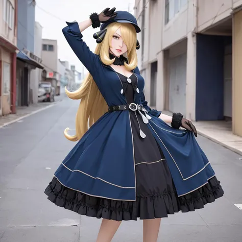 score_9, score_8_up, score_7_up, score_6_up,  pose, cynthia \(pokemon\), 
1girl, solo,  jyojifuku,m dress, hat, belt,gloves, blue dress, street, 
 <lora:military uniform_pony_V1.0:0.95>