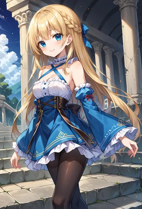 detailed background, column lineup, marble \(stone\), stone wall, stone stairs, color lights, light particles, blue theme, score_9, score_7_up, source_anime, BREAK solo, light smile, <lora:mxmarina:1> mxmarina, french braid, half updo, Hair ribbon, frilled choker, criss-cross halter, sleeveless dress, high-waist skirt, backless dress, blue dress, waist blue bow, detached sleeves, frilled sleeves, wide sleeves, blue sleeves, black pantyhose, patterned legwear, pinstripe pantyhose, mary janes, very long hair,