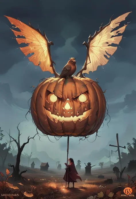 score_9, score_8_up, score_8, ultra detailed, Dark Fantasy Art, Dark Moody Atmosphere, A menacing pumpkin-headed scarecrow looms in a moonlit cornfield, wielding a rusted pitchfork. Eerie orange light flickers within its carved grimace. Tattered robes billow in the autumn wind. Mystical runes glow on its straw-stuffed body, evoking ancient harvest rituals., dramatic, mysterious, dark moody atmosphere, dark, moody, dark fantasy style
