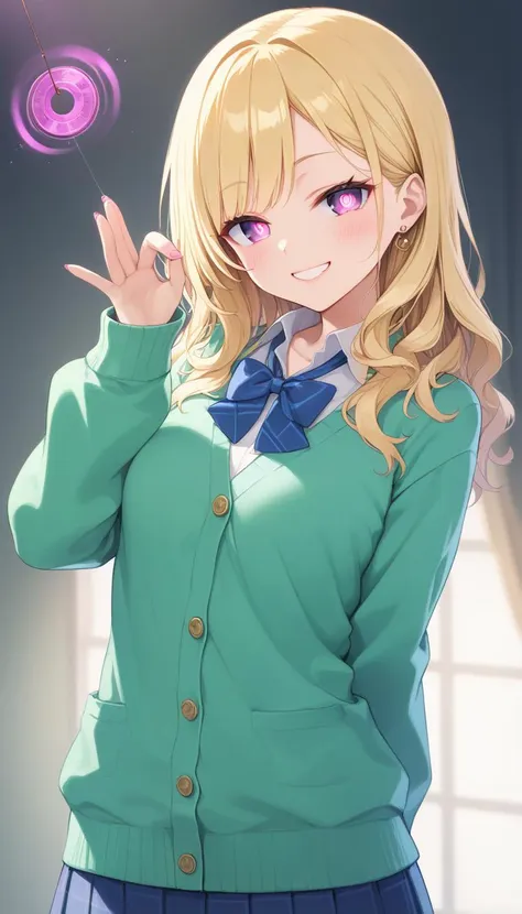 core 9, score 8 up, score 7 up, source anime, high-res image,
cute face, clear skin, shiny hair, ultra detailed eyes,
<lora:gyaru_pony_V1.0:0.6> gyaru, makeup, blonde hair, jewelry, lips, eyelashes,
<lora:oversize cardigan_pony_V1.0:0.7> oversize cardigan, sleeves past wrists,
<lora:mesugaki_Pony_v1:0.8> mesugaki, smile, looking at viewer,
<lora:hypnosis_XL_v1:0.7> hypnosis, mind control, 
looking at viewer, hand up, coin on string,
(masterpiece), best quality, extremely detailed, ultra-detailed, nsfw,
official art, extremely detailed CG unity 8k wallpaper, perfect lighting, cinematic lighting,