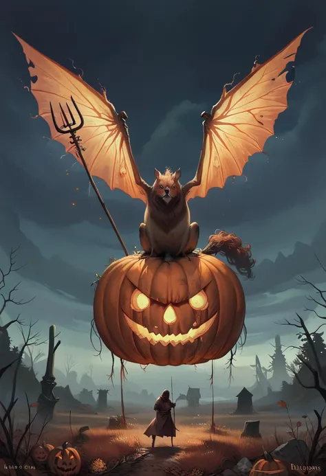 score_9, score_8_up, score_8, ultra detailed, Dark Fantasy Art, Dark Moody Atmosphere, A menacing pumpkin-headed scarecrow looms in a moonlit cornfield, wielding a rusted pitchfork. Eerie orange light flickers within its carved grimace. Tattered robes billow in the autumn wind. Mystical runes glow on its straw-stuffed body, evoking ancient harvest rituals., dramatic, mysterious, dark moody atmosphere, dark, moody, dark fantasy style
