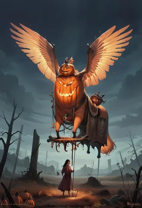 score_9, score_8_up, score_8, ultra detailed, Dark Fantasy Art, Dark Moody Atmosphere, A menacing pumpkin-headed scarecrow looms in a moonlit cornfield, wielding a rusted pitchfork. Eerie orange light flickers within its carved grimace. Tattered robes billow in the autumn wind. Mystical runes glow on its straw-stuffed body, evoking ancient harvest rituals., dramatic, mysterious, dark moody atmosphere, dark, moody, dark fantasy style