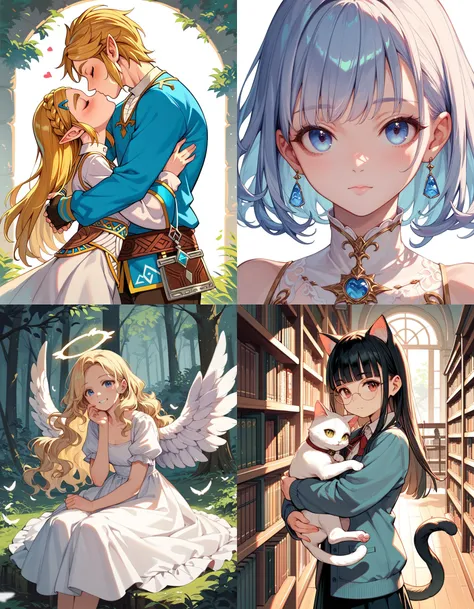https://civitai.com/articles/5300 ___ All images: score_9, score_8_up, score_7_up ___ 1st image: 1girl, 1boy, Princess_Zelda, \(The_Legend_of_Zelda:_Breath_of_the_Wild\), standing, kiss, hug, closed_eyes ___ 2nd image: 1girl, lovely face, portrait, close-up, looking_at_viewer, closed_mouth ___ 3rd image: 1girl, solo, blonde_hair, wavy_hair, angel, angel_wings, halo, smile, sitting, forest, white_dress ___ 4th Image: 1girl, solo, long_hair, black_hair, blunt_bangs, straight_hair, round_eyewear, cat_girl, cat_ears, cat_tail, standing, hug cat, looking_at_viewer, library