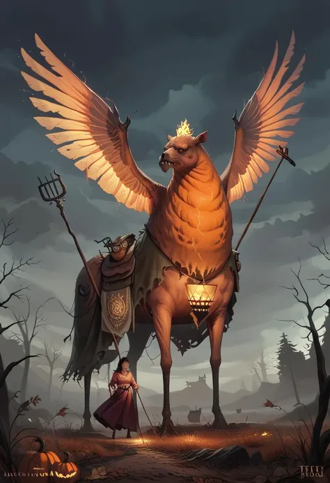 score_9, score_8_up, score_8, ultra detailed, Dark Fantasy Art, Dark Moody Atmosphere, A menacing pumpkin-headed scarecrow looms in a moonlit cornfield, wielding a rusted pitchfork. Eerie orange light flickers within its carved grimace. Tattered robes billow in the autumn wind. Mystical runes glow on its straw-stuffed body, evoking ancient harvest rituals., dramatic, mysterious, dark moody atmosphere, dark, moody, dark fantasy style
