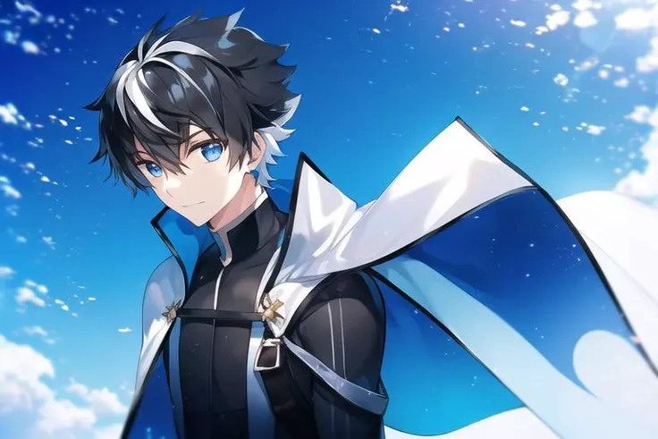 1boy, black hair, blue eyes, bangs, short hair, jewelry, sky , touching,  Swimming pants,  <lora:charlemagne:0.7>, charlemagne \(fate\), charlemagne, two-tone hair,