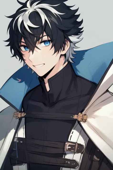masterpiece, best quality, high quality, 1boy, solo, male focus, looking at viewer, upper body, <lora:charlemagne:0.74>, charlemagne, black hair, blue eyes, multicolored hair, two-tone hair, <lora:Realism-10:0.10>, Realism
