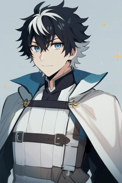 masterpiece, best quality, high quality, 1boy, solo, male focus, looking at viewer, upper body, <lora:charlemagne:0.74>, charlemagne, black hair, blue eyes, multicolored hair, two-tone hair, <lora:animemix_v3_offset:0.65>