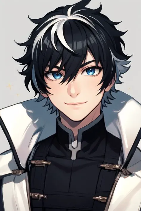 masterpiece, best quality, high quality, 1boy, solo, male focus, looking at viewer, upper body, <lora:charlemagne:0.74>, charlemagne, black hair, blue eyes, multicolored hair, two-tone hair, <lora:Realism-10:0.30>, Realism