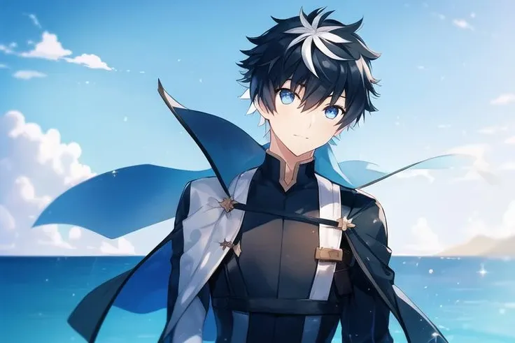 1boy, black hair, blue eyes, bangs, short hair, jewelry, sky , touching,  Swimming pants,  <lora:charlemagne:0.7>, charlemagne \(fate\), charlemagne, two-tone hair,