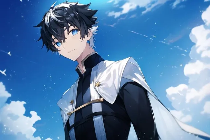 1boy, black hair, blue eyes, bangs, short hair, jewelry, sky , touching, Swimming pants, <lora:charlemagne:0.7>, charlemagne \(fate\), charlemagne, two-tone hair,