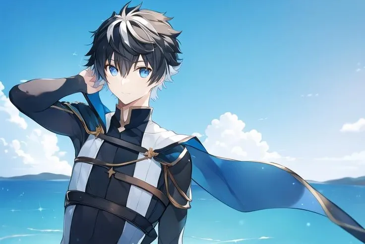 1boy, black hair, blue eyes, bangs, short hair, jewelry, sky , touching, Swimming pants, <lora:charlemagne:0.7>, charlemagne \(fate\), charlemagne, two-tone hair,