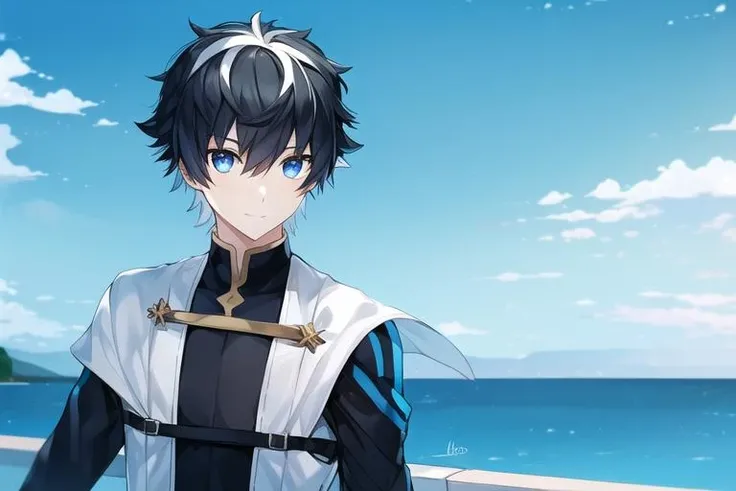 1boy, black hair, blue eyes, bangs, short hair, jewelry, sky , touching,  Swimming pants,  <lora:charlemagne:0.7>, charlemagne \(fate\), charlemagne, two-tone hair,