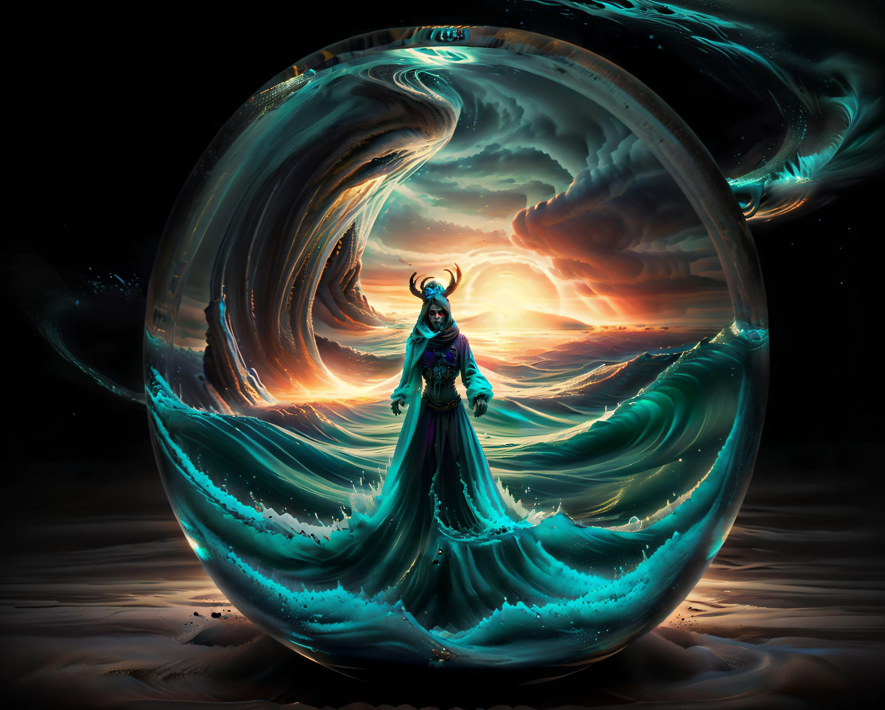 Breathtaking shot of a (dark magician)+ completely engulfed++ in a large (ball of crystal clear water)+ floating (above the ground)1.2. The sorcerer+ is summoning large waves. no face, broken heart, broken mind, dark glowing eyes, perfect hands BREAK The overall mood is energized and angry. raging water, (yvonne coomber style)0.8, (digital artwork by Beksinski)1.7, (vibrant colors)1.3, (flowers), thematic background, dark, dystopian, abstract, colorfull, illustration <lora:Hourglass_Sora:0.8> Hourglass <lora:in_mirror:0.8> in_mirror <lora:falling_blur:0.8> falling_blur