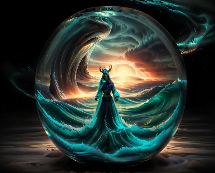 Breathtaking shot of a (dark magician)+ completely engulfed++ in a large (ball of crystal clear water)+ floating (above the ground)1.2. The sorcerer+ is summoning large waves. no face, broken heart, broken mind, dark glowing eyes, perfect hands BREAK The overall mood is energized and angry. raging water, (yvonne coomber style)0.8, (digital artwork by Beksinski)1.7, (vibrant colors)1.3, (flowers), thematic background, dark, dystopian, abstract, colorfull, illustration  <lora:Hourglass_Sora:0.8> Hourglass <lora:in_mirror:0.8> in_mirror <lora:falling_blur:0.8> falling_blur