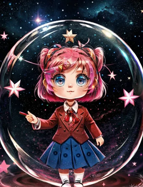 galaxy, stars, 1 girl, Hourglass, masterpiece, high detailed, high quality, <lora:Hourglass_Sora:0.8>
<lora:natsukiDDLCLora_natuki:0.7> natuki, pink hair, hair ornament, pink eyes, short hair, ribbon, hairclip, hair ribbon, pigtails, school uniform, red ribbon, blue pleated skirt, brown blazer, masterpiece,best quality,vibrant image,sharpness, colorful,perfect eyes, detailed eyes, detailed hair,