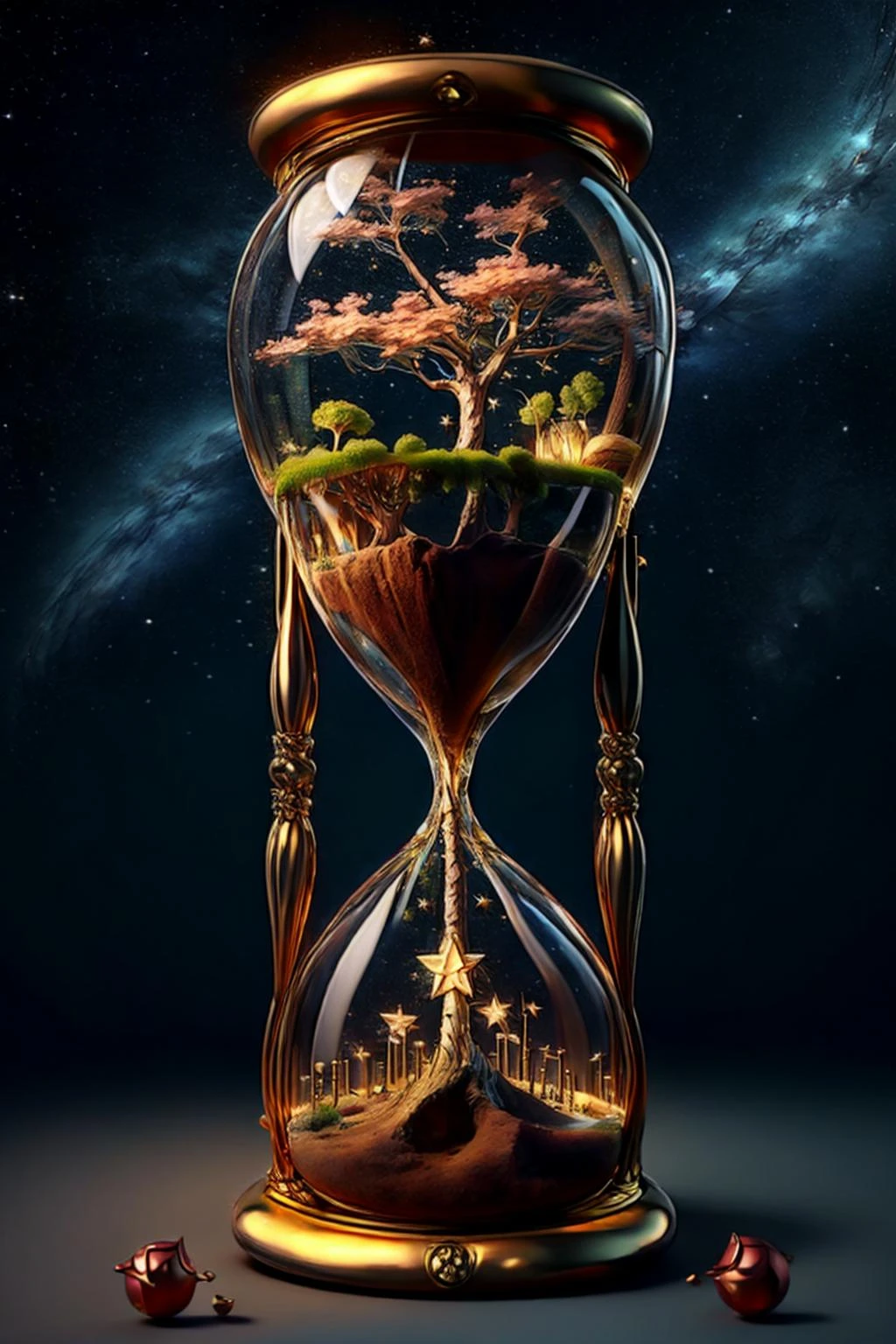 RAW photo, Lime tree, Codex, metallic Hourglass, stars background, masterpiece, high detailed, high quality, <lora:Hourglass_Sora:0.8>