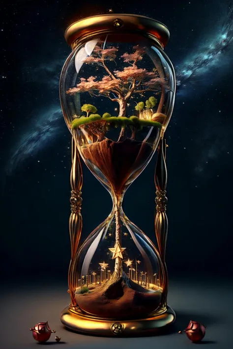 RAW photo, Lime tree, Codex, metallic Hourglass, stars background, masterpiece, high detailed, high quality,  <lora:Hourglass_Sora:0.8>