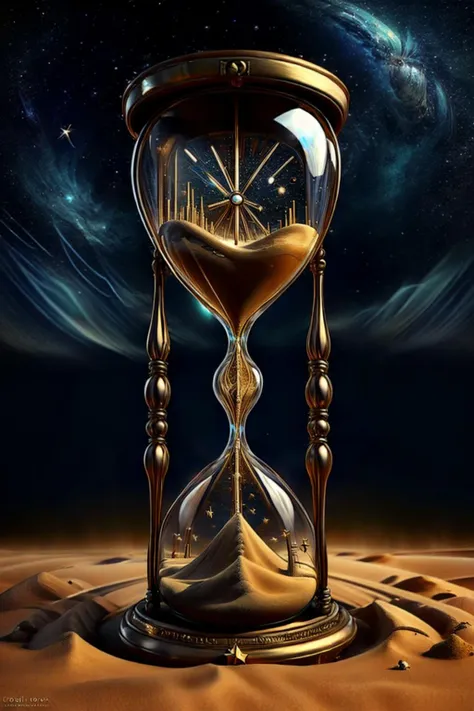 RAW photo, Sand clock, Codex, metallic Hourglass, stars background, masterpiece, high detailed, high quality, <lora:Hourglass_Sora:0.8>