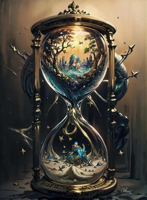 RAW photo, Lime tree, Codex, metallic Hourglass, stars background, masterpiece, high detailed, high quality, beach in glass, <lora:Hourglass_Sora:0.8>
