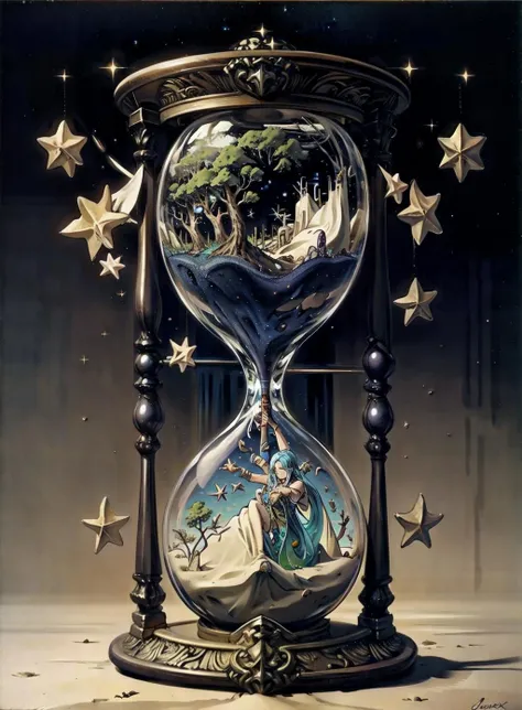 RAW photo, Lime tree, Codex, metallic Hourglass, stars background, masterpiece, high detailed, high quality, beach in glass, <lora:Hourglass_Sora:0.8>
