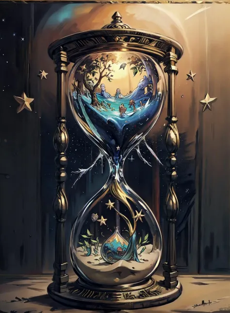 RAW photo, Lime tree, Codex, metallic Hourglass, stars background, masterpiece, high detailed, high quality, beach in glass, <lora:Hourglass_Sora:0.8>