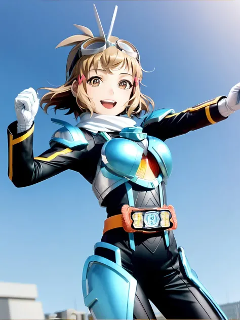 (extremely detailed CG), (best quality), 1girl, perfect face, bright pupils, (finely detailed beautiful eyes), shiny skin, lustrous skin, <lora:Hibiki flexible:0.8>thflex ,fullbody,tachibana hibiki \(symphogear\) (hair clip:1.1) brown eyes looking at viewer, ,smile, happy<lora:Gotchard:0.8> antennae, armor, belt, blue armor, blue background, bodysuit, cowboy shot, electroplating, fighting pose, gloves, goggles, gotchard, helmet, kamen rider, rider belt, scarf, solo,
