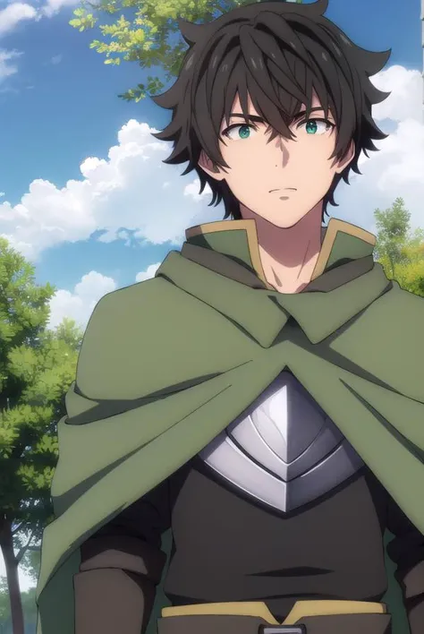 naofumiiwatani, <lora:naofumi iwatani s3-lora-nochekaiser:1>,
naofumi iwatani, (black hair:1.5), male focus, (green eyes:1.3), short hair, crossed bangs,
BREAK gloves, belt, pants, fingerless gloves, cape, armor, shield, breastplate,
BREAK outdoors, forest, nature, sun, sky, trees, clouds, grass,
BREAK looking at viewer, (cowboy shot:1.5),
BREAK <lyco:GoodHands-beta2:1>, (masterpiece:1.2), best quality, high resolution, unity 8k wallpaper, (illustration:0.8), (beautiful detailed eyes:1.6), extremely detailed face, perfect lighting, extremely detailed CG, (perfect hands, perfect anatomy),