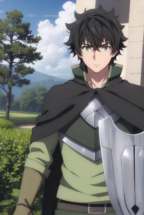 naofumiiwatani, <lora:naofumi iwatani s3-lora-nochekaiser:1>,
naofumi iwatani, (black hair:1.5), male focus, (green eyes:1.3), short hair, crossed bangs,
BREAK gloves, belt, pants, fingerless gloves, cape, armor, shield, breastplate,
BREAK outdoors, forest, nature, sun, sky, trees, clouds, grass,
BREAK looking at viewer, (cowboy shot:1.5),
BREAK <lyco:GoodHands-beta2:1>, (masterpiece:1.2), best quality, high resolution, unity 8k wallpaper, (illustration:0.8), (beautiful detailed eyes:1.6), extremely detailed face, perfect lighting, extremely detailed CG, (perfect hands, perfect anatomy),