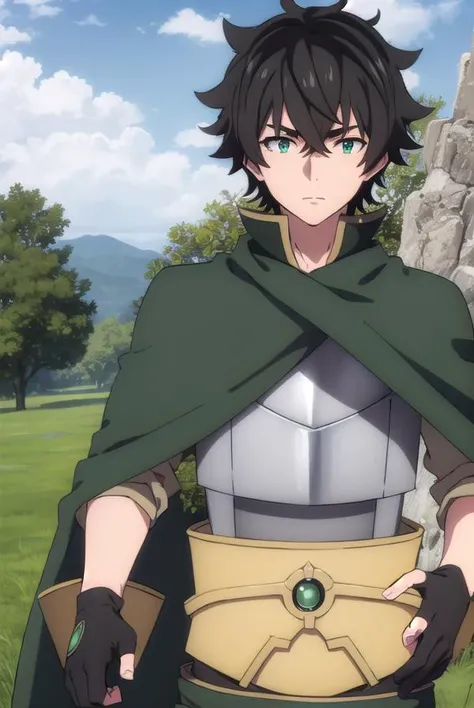 naofumiiwatani, <lora:naofumi iwatani s3-lora-nochekaiser:1>,
naofumi iwatani, (black hair:1.5), male focus, (green eyes:1.3), short hair, crossed bangs,
BREAK gloves, belt, pants, fingerless gloves, cape, armor, shield, breastplate,
BREAK outdoors, forest, nature, sun, sky, trees, clouds, grass,
BREAK looking at viewer, (cowboy shot:1.5),
BREAK <lyco:GoodHands-beta2:1>, (masterpiece:1.2), best quality, high resolution, unity 8k wallpaper, (illustration:0.8), (beautiful detailed eyes:1.6), extremely detailed face, perfect lighting, extremely detailed CG, (perfect hands, perfect anatomy),