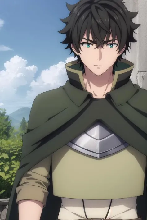 naofumiiwatani, <lora:naofumi iwatani s3-lora-nochekaiser:1>,
naofumi iwatani, (black hair:1.5), male focus, (green eyes:1.3), short hair, crossed bangs,
BREAK gloves, belt, pants, fingerless gloves, cape, armor, shield, breastplate,
BREAK outdoors, forest, nature, sun, sky, trees, clouds, grass,
BREAK looking at viewer, (cowboy shot:1.5),
BREAK <lyco:GoodHands-beta2:1>, (masterpiece:1.2), best quality, high resolution, unity 8k wallpaper, (illustration:0.8), (beautiful detailed eyes:1.6), extremely detailed face, perfect lighting, extremely detailed CG, (perfect hands, perfect anatomy),