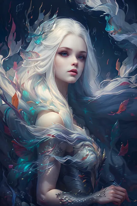 (Mermaid),(Princess),Silver hair,Body scales,Pearl earrings,Auricular fin,pileum,Half-body,(illustration:1.8),(best quality),(masterpiece:1.5),masterpiece,(extremely detailed CG unity 8k wallpaper),depth of field,dramatic angle,(detailed beautiful face:1.3),A slight light,Rayleigh scattering,nature,((very wide shot)),(((Underwater))),Watermaker(bubbles:1.5),Schools of fish,corals,Floating clothes,  <lora:mermaidsMJStyle_v10:1> <lora:bosaixi:0.5> <lora:chineseMermaidMermaidKraken_v8:1>