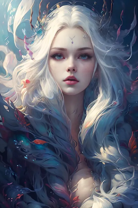 (Mermaid),(Princess),Silver hair,Body scales,Pearl earrings,Auricular fin,pileum,Half-body,(illustration:1.8),(best quality),(masterpiece:1.5),masterpiece,(extremely detailed CG unity 8k wallpaper),depth of field,dramatic angle,(detailed beautiful face:1.3),A slight light,Rayleigh scattering,nature,((very wide shot)),(((Underwater))),Watermaker(bubbles:1.5),Schools of fish,corals,Floating clothes, <lora:mermaidsMJStyle_v10:1> <lora:bosaixi:0.5> <lora:chineseMermaidMermaidKraken_v8:1>