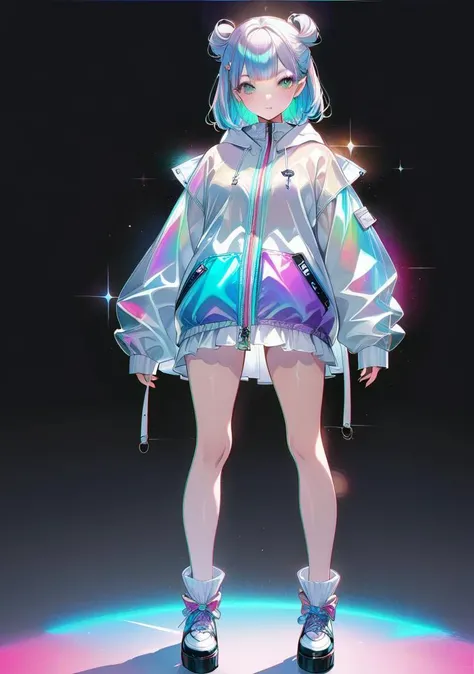 transparent color PVC clothing, transparent color vinyl clothing, prismatic, holographic, chromatic aberration, fashion illustration, masterpiece, girl with harajuku fashion, looking at viewer, 8k, ultra detailed, pixiv
