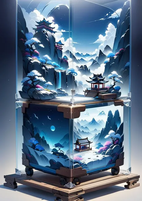 (Boutique, Boutique, Premium, Official Art, Aesthetics and Aesthetics: 1.2), (Transparent Luggage: 1.2), Fill the Whole Landscape World, Micro Landscape, Chinese Three Dimensional Landscape Painting, Zen Aesthetics, Zen Composition, Chinese Architecture Complex, Sparkling Mountains, High Mountains, Cloud and Mist Cage, Blue Theme, Surrealism Style, Organic Fluid, Ray Tracing, Colorful Flowers, Natural Light, Jungle, c4d, OC Rendering,