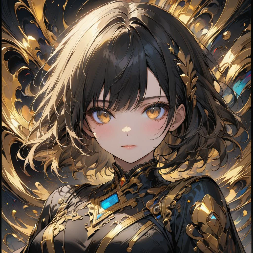 (masterpiece, top quality, best quality, official art, beautiful and aesthetic:1.2),(1girl,upper body:1.3),extreme detailed,(abstract art:1.2),colorful,highest detailed,black and gold