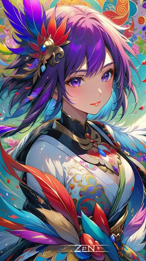 Zen painting illustration,anime art style,masterpiece,top quality,best quality,official art,beautiful and aesthetic,(1girl:1.2),extremely detailed,colorful,flowers,highest detailed,zentangle,abstract background,shiny skin,many colors,feathers,tr dyeing style