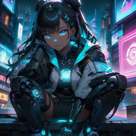 colorful,neon lights, Cyberpunk beauty ,1girl ,black hair ,blue eyes, blurry ,blurry background, building ,city, city lights ,cityscape ,cyberpunk, cyborg ,dark-skinned female, glowing, hair bun ,hologram, holographic interface, jacket ,knees up ,long hair ,looking at viewer, mechanical arms ,night, nose ,outdoors ,realistic ,science fiction ,signature, single mechanical arm, sitting, skyscraper ,solo, stadium ,tattoo ,cyberpunk, 3d neon light, Bagua ,Tai Chi ,future technology, glow ,glow effect ,high detail, best quality ,Tang Dynasty clothing ,hanfu ,