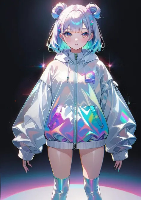 transparent color PVC clothing, transparent color vinyl clothing, prismatic, holographic, chromatic aberration, fashion illustration, masterpiece, girl with harajuku fashion, looking at viewer, 8k, ultra detailed, pixiv