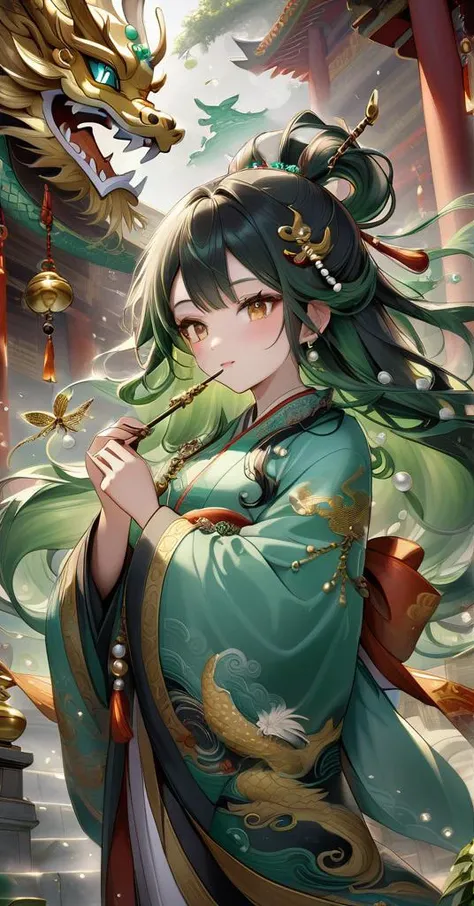 Clothing: Intricate embroidery on a silk dragon robe, with pearls and jade ornaments.
Scene: Inside an ancient temple, surrounded by incense smoke and golden idols.
Little Dragon Girl: Long, flowing hair with dragonfly-shaped hairpins, holding a dragon-shaped jade pendant.