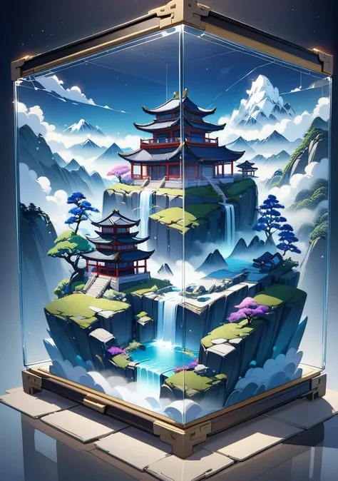 (Boutique, Boutique, Premium, Official Art, Aesthetics and Aesthetics: 1.2), (Transparent Luggage: 1.2), Fill the Whole Landscape World, Micro Landscape, Chinese Three Dimensional Landscape Painting, Zen Aesthetics, Zen Composition, Chinese Architecture Complex, Sparkling Mountains, High Mountains, Cloud and Mist Cage, Blue Theme, Surrealism Style, Organic Fluid, Ray Tracing, Colorful Flowers, Natural Light, Jungle, c4d, OC Rendering,